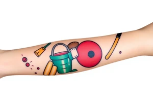 Childhood memories of a book, a bucket and spade, a football, a cricket bat, a cartoon of Dennis the Menace from the Beano comic, and the American Idiot symbol tattoo idea