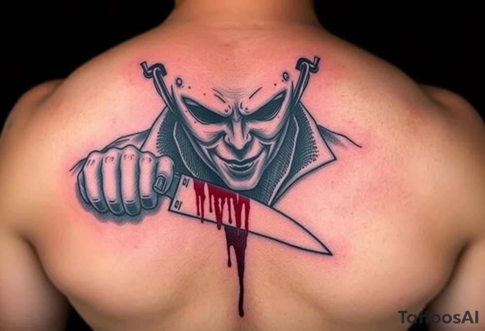 Scary Micheal Myers with a bloody knife stabbing tattoo idea