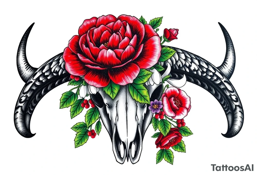 Buffalo or bison skull with flowers. Red Peony, snowdrop, green holly with red berries, purple larkspur,  red peony. Colour. For upper arm or shoulder. Masculin. tattoo idea