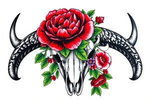 Buffalo or bison skull with flowers. Red Peony, snowdrop, green holly with red berries, purple larkspur,  red peony. Colour. For upper arm or shoulder. Masculin. tattoo idea
