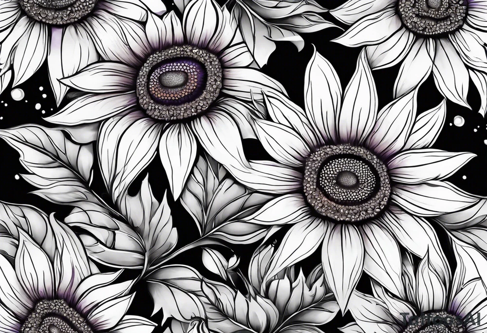 Full leg sleeve with purple, orange and blue sunflowers tattoo idea