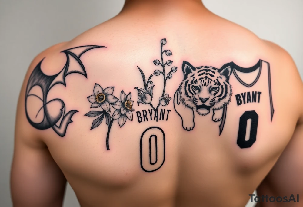 Create an arm tattoo from elbow to shoulder that includes the pokemon charizard, the kobe bryant logo, 1 lily of the valley with 3 daffodils, a tiger, and a basketball jersey with the number 0. tattoo idea