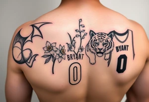 Create an arm tattoo from elbow to shoulder that includes the pokemon charizard, the kobe bryant logo, 1 lily of the valley with 3 daffodils, a tiger, and a basketball jersey with the number 0. tattoo idea