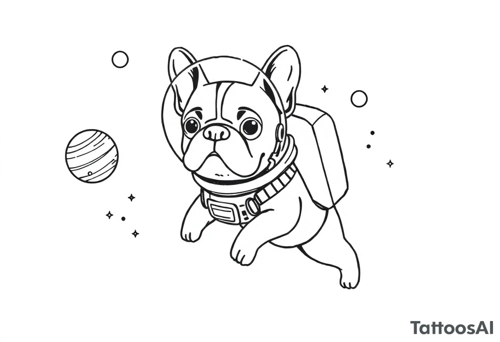 a space themed tattoo of my french bulldog mars. include elements in space like planets and stars. mars should be depicted as a astronaut in a spaceship flying through space tattoo idea