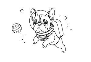 a space themed tattoo of my french bulldog mars. include elements in space like planets and stars. mars should be depicted as a astronaut in a spaceship flying through space tattoo idea