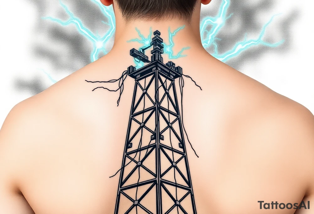 Dystopian Radio Tower with Lightning Strikes
A rusted, cyberpunk-style radio tower with crackling energy waves.
Wires hanging off like vines, with a neon-blue or green storm in the background.
Could feature a signal interference/glitch motif. tattoo idea