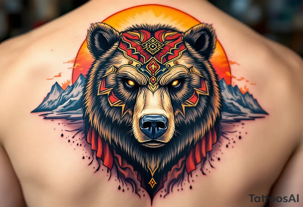 Slavic Bear – A giant bear with piercing amber eyes, decorated with red and gold war markings, standing before a mountain under a burning sky. tattoo idea