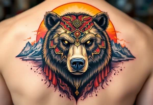 Slavic Bear – A giant bear with piercing amber eyes, decorated with red and gold war markings, standing before a mountain under a burning sky. tattoo idea