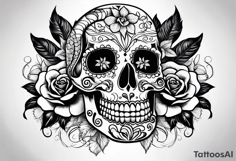 Sugar skull with a rose and a snake tattoo idea