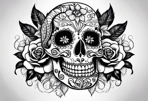 Sugar skull with a rose and a snake tattoo idea