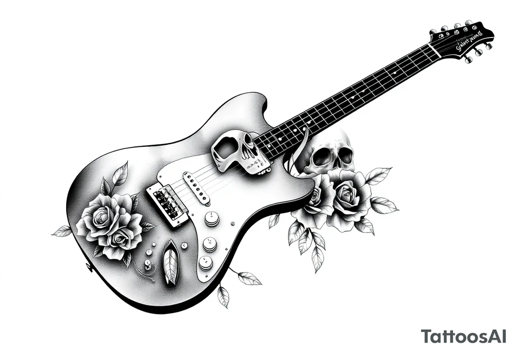Electric guitar with skulls and roses printed on it tattoo idea