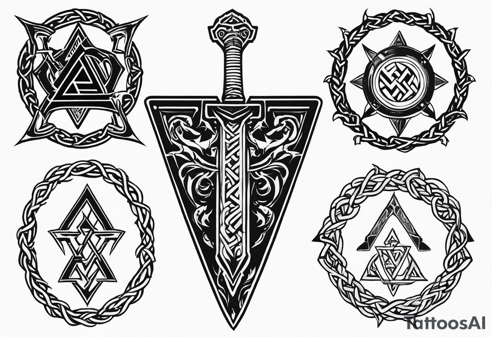 Valhalla sword shield dragon axe Valknut barbed wire chains tribal tattoo idea Valhalla sword shield dragon axe Valknut barbed wire chains tribal tattoo idea