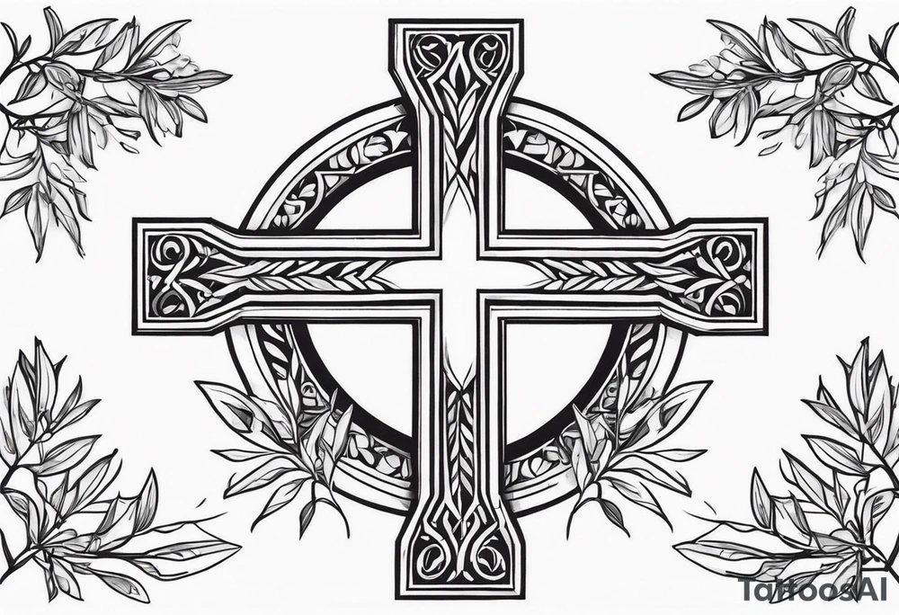 Christian cross with olive branches around it tattoo idea