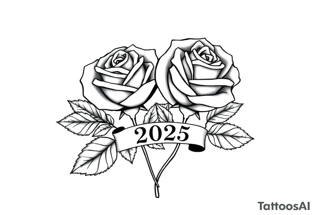 two beautiful large rose buds, one larger than the other, with many leaves next to the rose buds, with one sitting higher than the other. Include a banner connecting the two roses with the year 2025 on it.   Use dark outlines with little shading. The two stems should be short, not long, and connect and join into one stem, whimsically curved or twisted - not straight down. tattoo idea