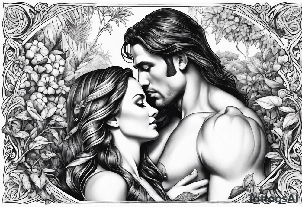 Adam and Eve portrait with beautiful garden of eve in the background tattoo idea