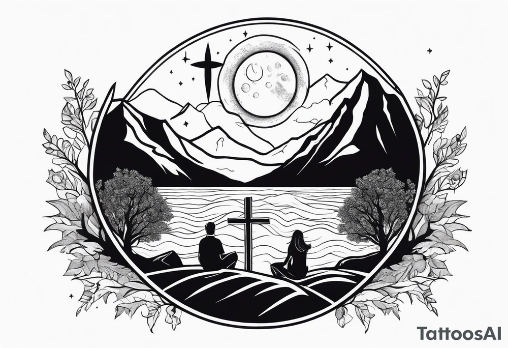 a family of three sitting in a nature with mountains, waterfall, water, and a cross in the background and a sun and moon in the sky with stars tattoo idea