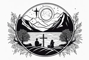 a family of three sitting in a nature with mountains, waterfall, water, and a cross in the background and a sun and moon in the sky with stars tattoo idea