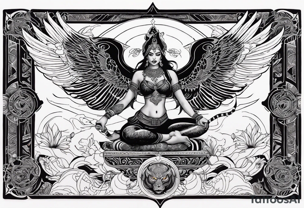 black kali, goddess pirate, alien, angel, pachamama, valkrye, warrior, flying, skull, lotus azul, wing, eagle, zenza resonance, stars, 5D, anahata chakra, death, durga, riding on a tiger, flying lady, chest tatoo tattoo idea