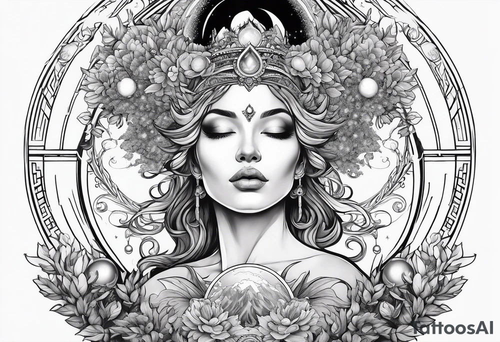 Gaia, hands outstretched over head , holding orb of creation above head tattoo idea