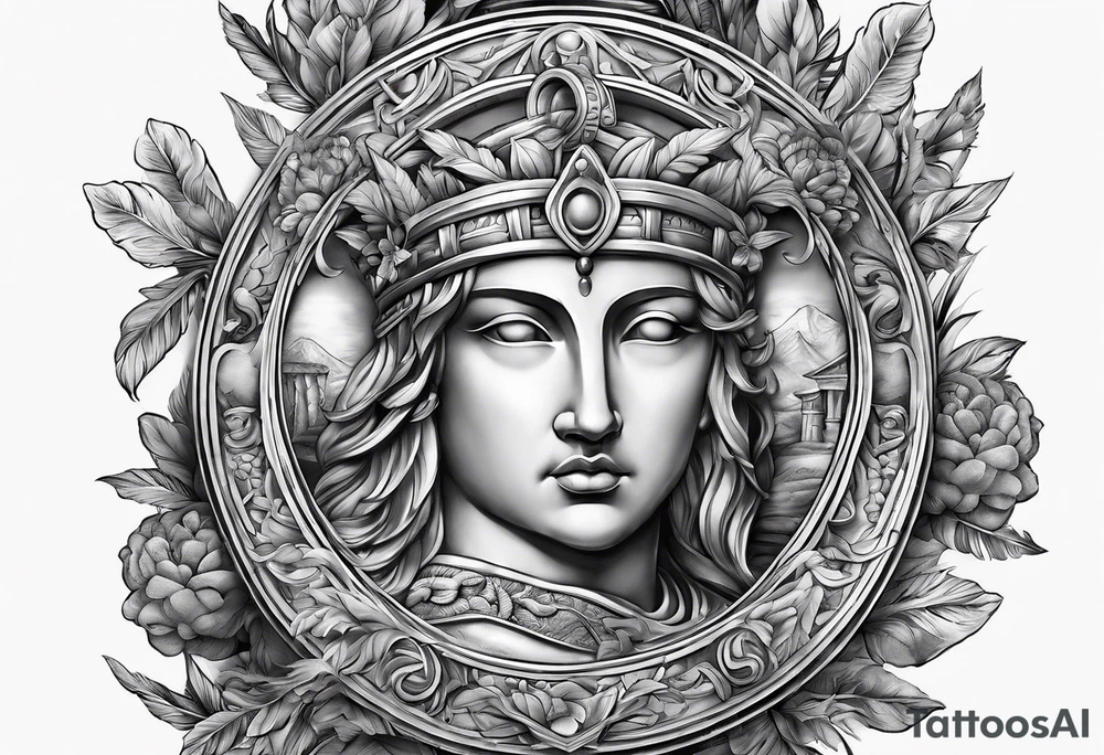 A sleeve of Roman objects, nature, and warriors tattoo idea