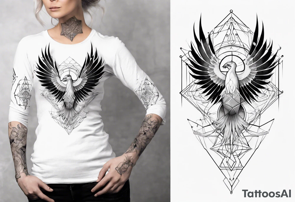 sacred geometry Metatron's cube with phoenix. Sleeve for woman's arm tattoo idea