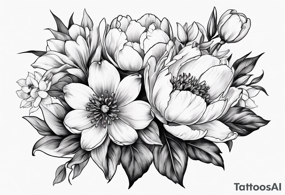 One flower of Peony, tulip, sunflower, cherry blossom and Lily bouquet tattoo idea
