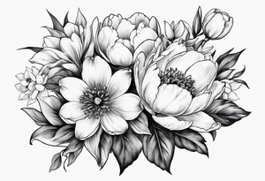 One flower of Peony, tulip, sunflower, cherry blossom and Lily bouquet tattoo idea