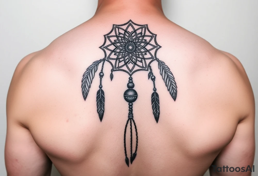 native dreamcatcher with flowing feathers and sacred beads tattoo idea