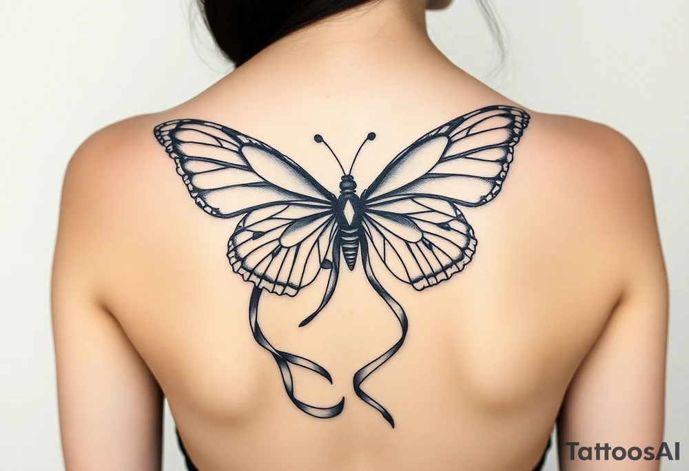 ethereal butterfly with flowing silk ribbons in moonlight tattoo idea