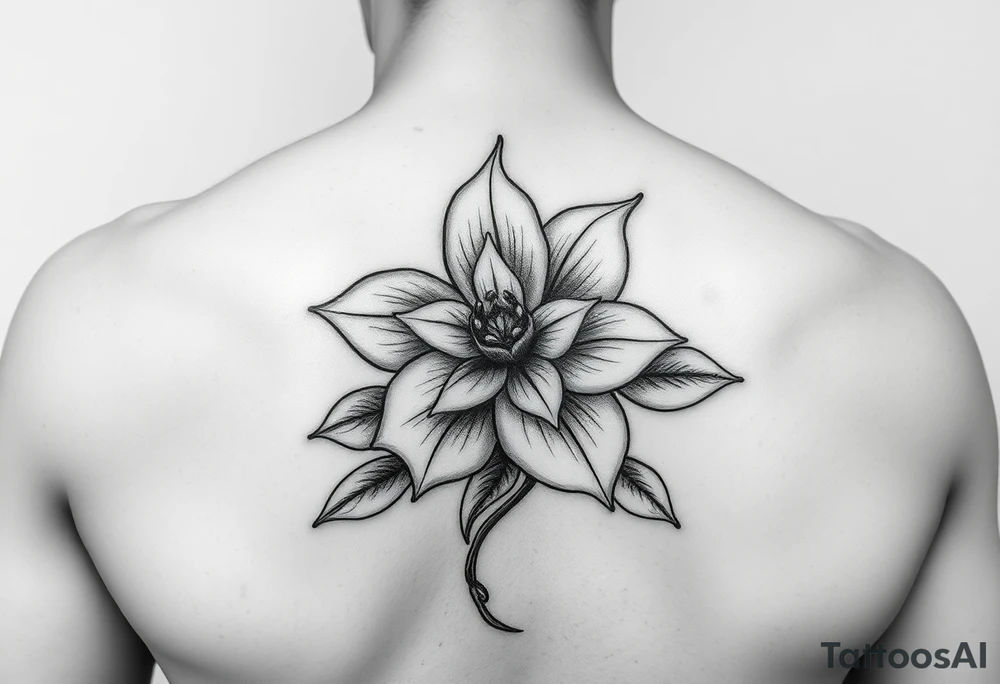 Hong kong flower, no stars inside the flower, the center of the flower is on the right elbow and wraps around the right 
arm. tattoo idea
