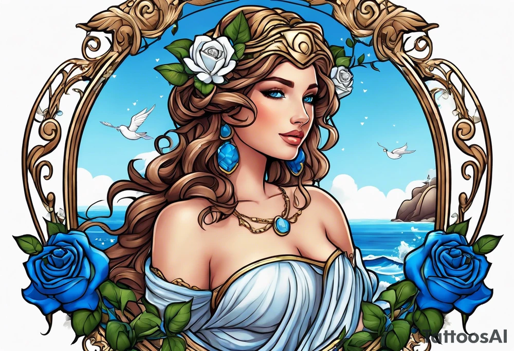 Aphrodite is the goddess of love, with a seaside background, surrounded by birds.. blue roses frames, background blue,present it in a tattoo tattoo idea