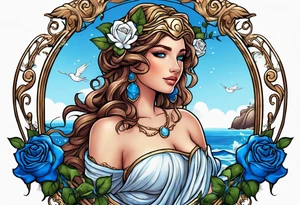 Aphrodite is the goddess of love, with a seaside background, surrounded by birds.. blue roses frames, background blue,present it in a tattoo tattoo idea