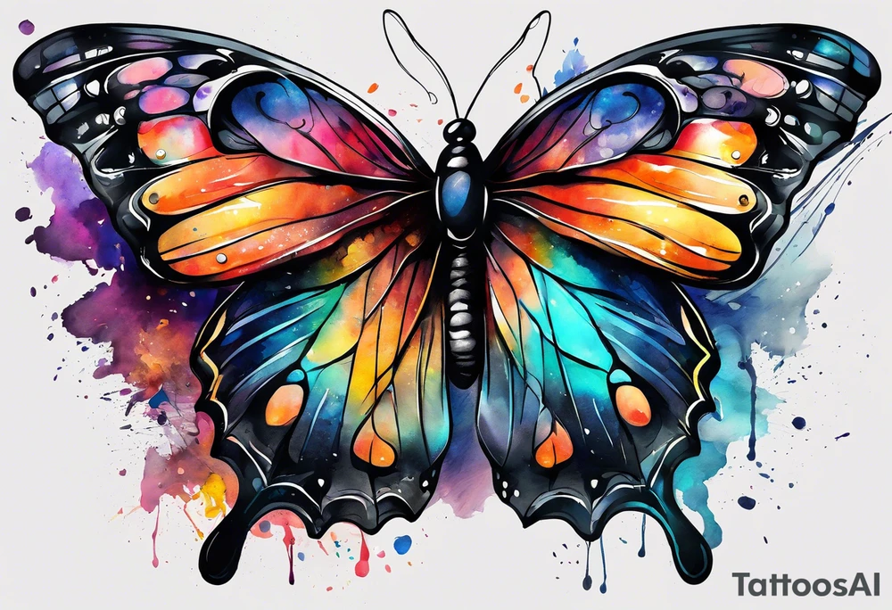 butterfly with one wing black scribbles, the other wing beautiful and colorful, the body has the date 1.9.2023 and the words written "I chose to live." tattoo idea