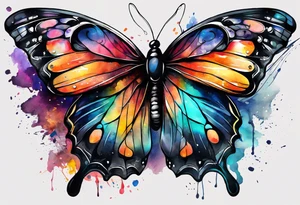 butterfly with one wing black scribbles, the other wing beautiful and colorful, the body has the date 1.9.2023 and the words written "I chose to live." tattoo idea