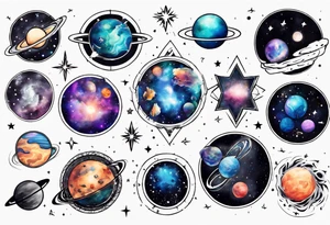 Create a cosmic-themed tattoo that spans my entire chest. Include elements like planets, stars, and galaxies to symbolize the vastness of the universe and create a celestial masterpiece tattoo idea