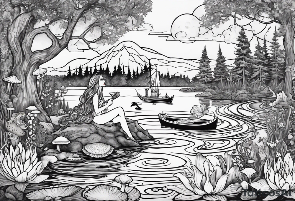 A Mermaid singing in a bayou that has cypress trees, mushrooms, lily pads, frogs, and bugs tattoo idea