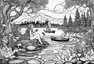A Mermaid singing in a bayou that has cypress trees, mushrooms, lily pads, frogs, and bugs tattoo idea