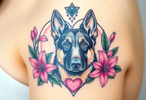 strong looking short haired german shepherd with alert ears surrounded by pink lilies with large leaves in front of a sacred heart tattoo idea