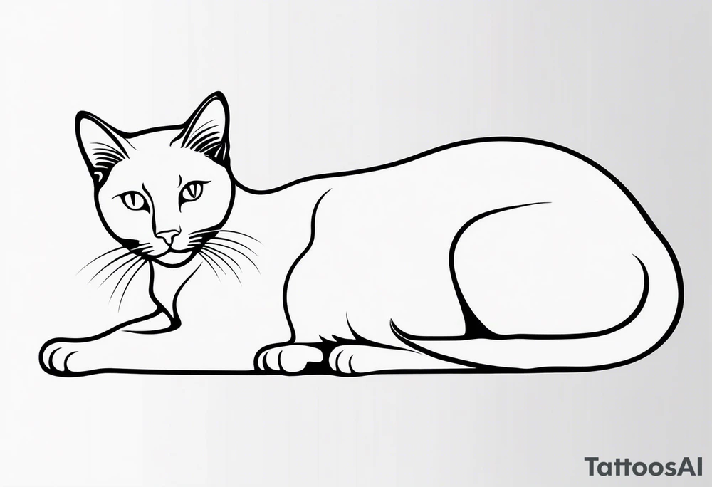 Design a simple outline tattoo of a cat stretching, embodying grace and flexibility, perfect for a subtle yet expressive design tattoo idea