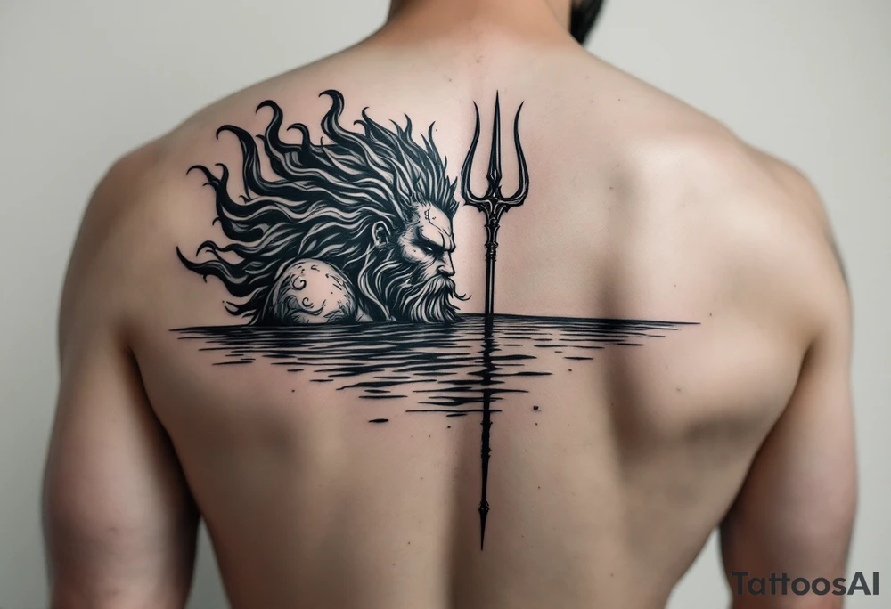 poseidon with trident half way in calm water tattoo idea