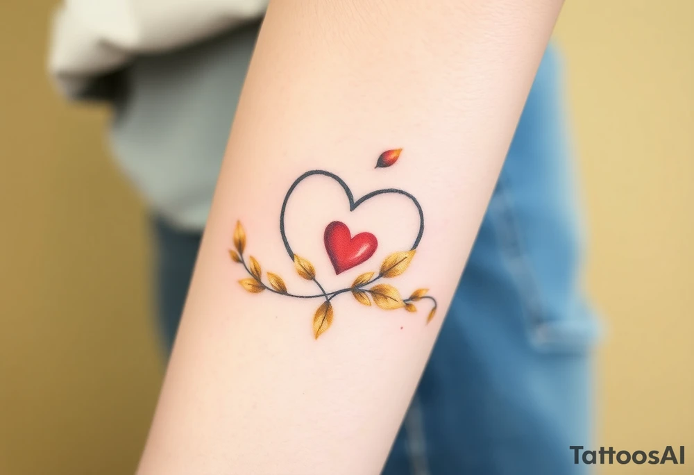 A infinity loop adorned with golden leaves and a tiny red heart tattoo idea