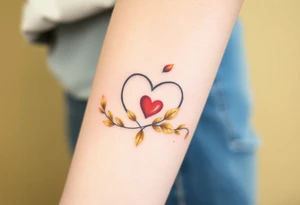 A infinity loop adorned with golden leaves and a tiny red heart tattoo idea