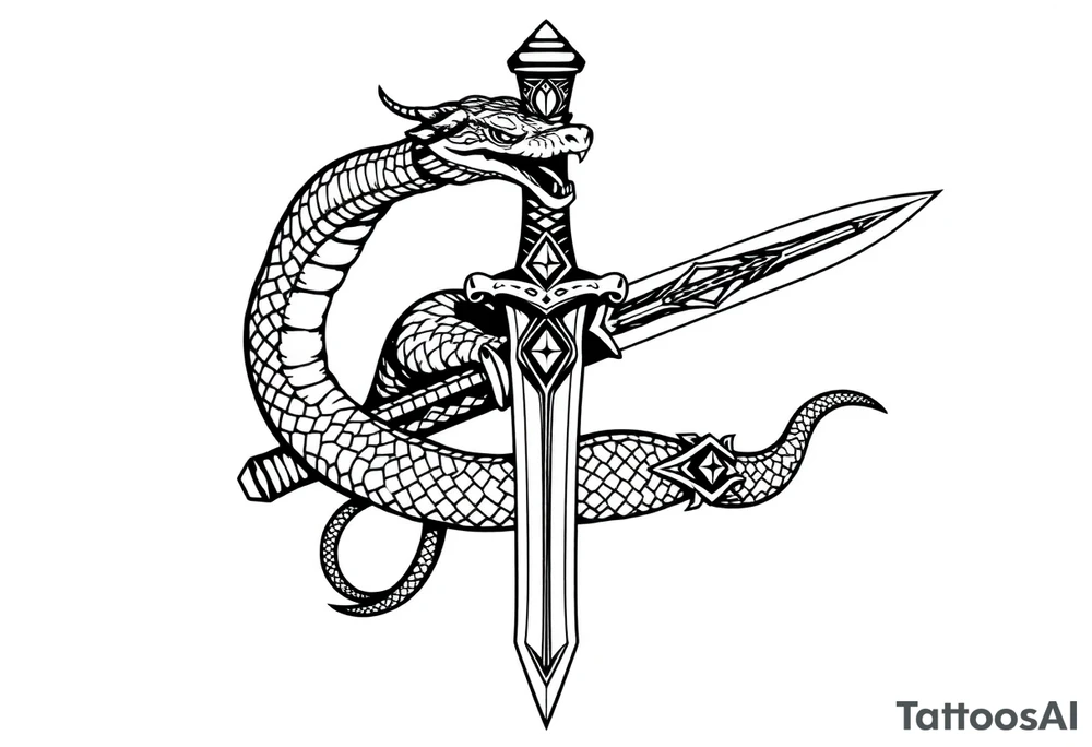mystical snake coiled around an ancient dagger with jeweled hilt tattoo idea