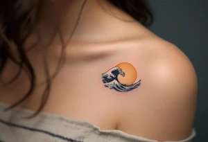 A minimalistic navy wave curves beneath a golden sun, etched on the upper arm. tattoo idea