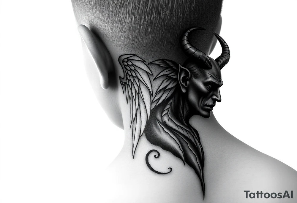 position behind the neck Angel (on the right) whispering in the right ear, demon (on the left) whispering in the left ear. It must be as realistic as possible. tattoo idea