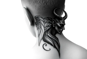 position behind the neck Angel (on the right) whispering in the right ear, demon (on the left) whispering in the left ear. It must be as realistic as possible. tattoo idea
