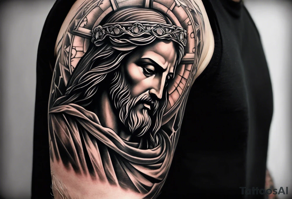 Catholic tattoo sleeve for a man. tattoo idea with Jesus on upper arm looking down tattoo idea