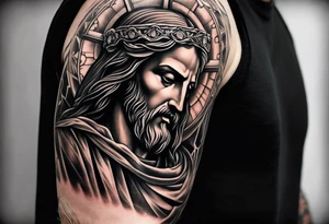 Catholic tattoo sleeve for a man. tattoo idea with Jesus on upper arm looking down tattoo idea