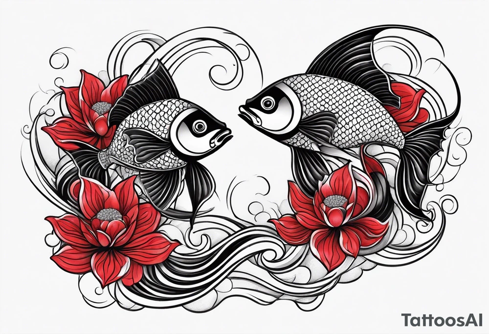 twin coi fish red and black with waves and lotus flowers tattoo idea