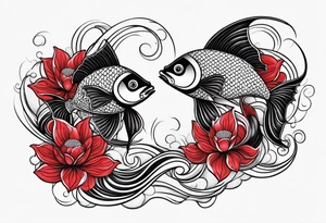 twin coi fish red and black with waves and lotus flowers tattoo idea